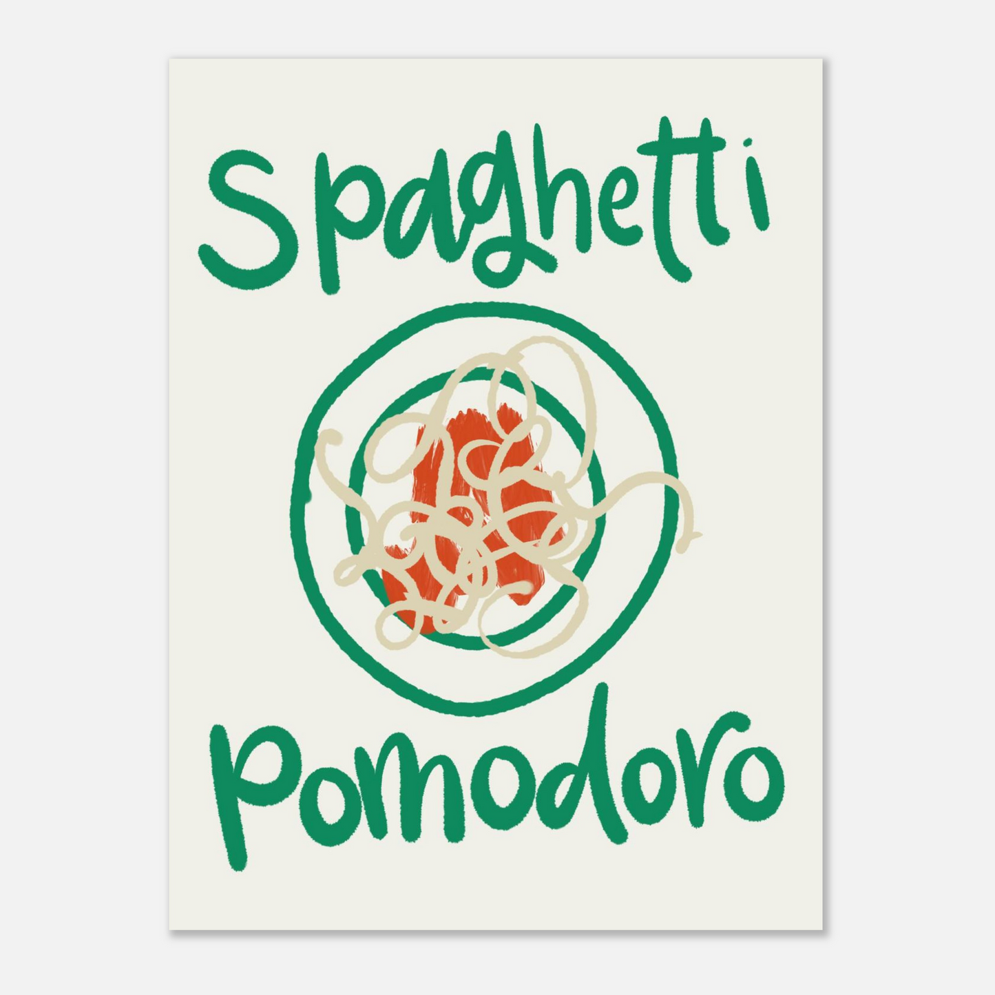 Pastaposter med handskriven text Spaghetti Pomodoro, närbild på ljus botten