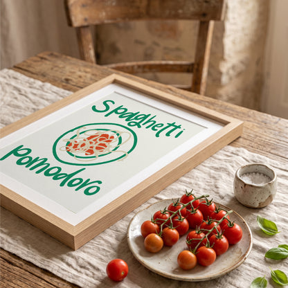 Köksposter Spaghetti Pomodoro på rustikt träbord med tomater och basilika