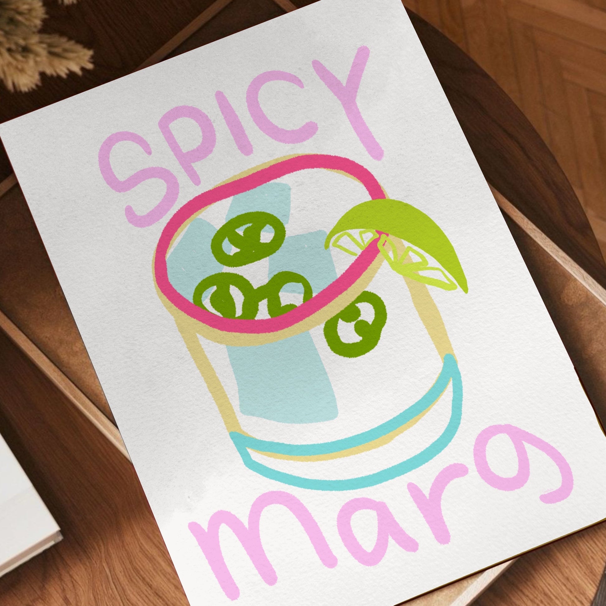 Närbild på spicy margarita poster med handmålad gouache – färgglad cocktail poster för kök och drinkvagn