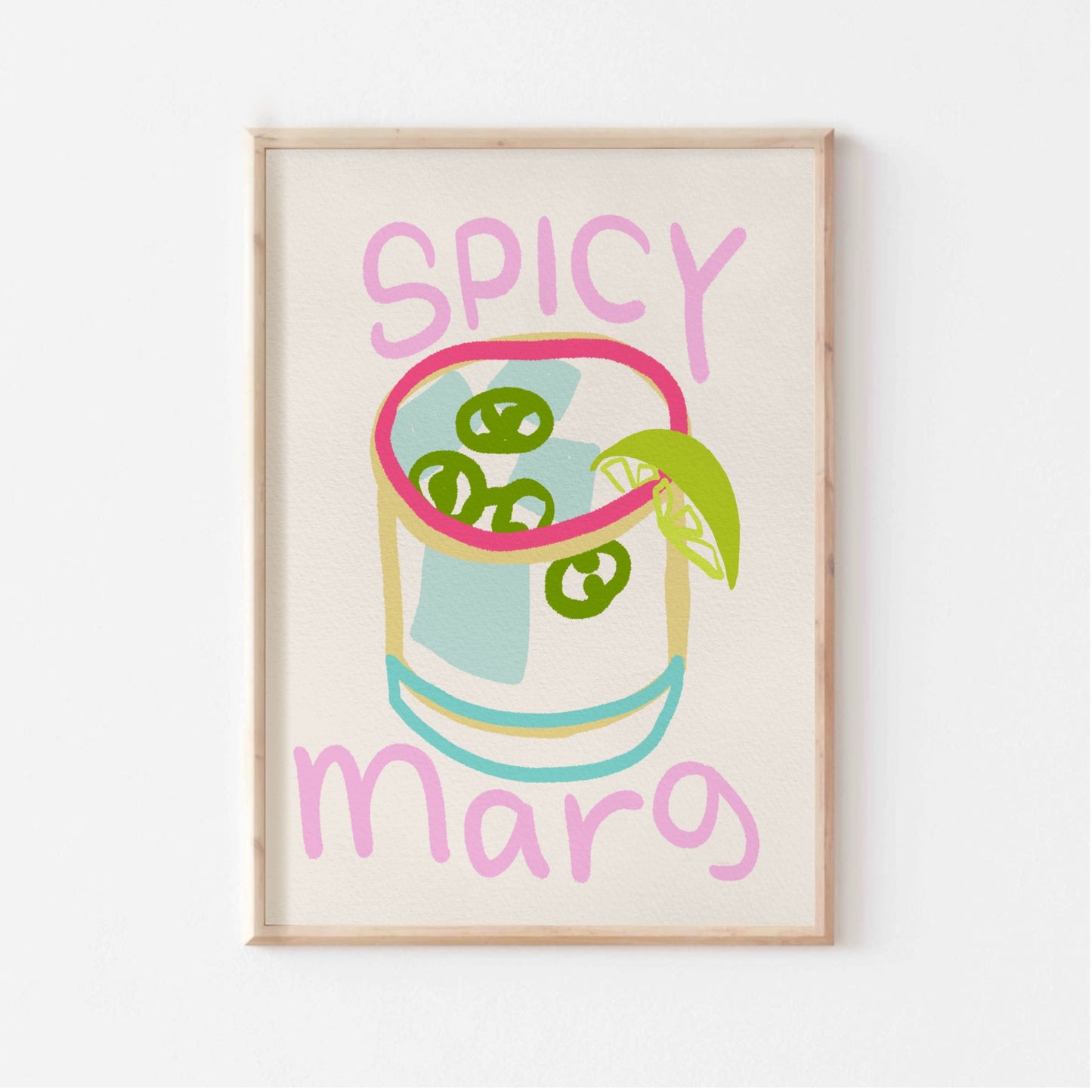 Spicy margarita poster i ljus träram mot vit bakgrund – handmålad cocktail poster i gouache