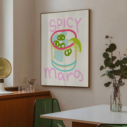 Spicy margarita poster inramad ovanför träskänk i modern matsal – cocktail poster som väggkonst
