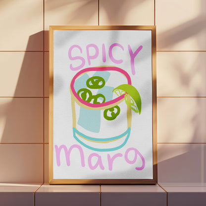 Spicy margarita poster i guldram med varmt sommarsljus – färgglad cocktail poster som väggkonst
