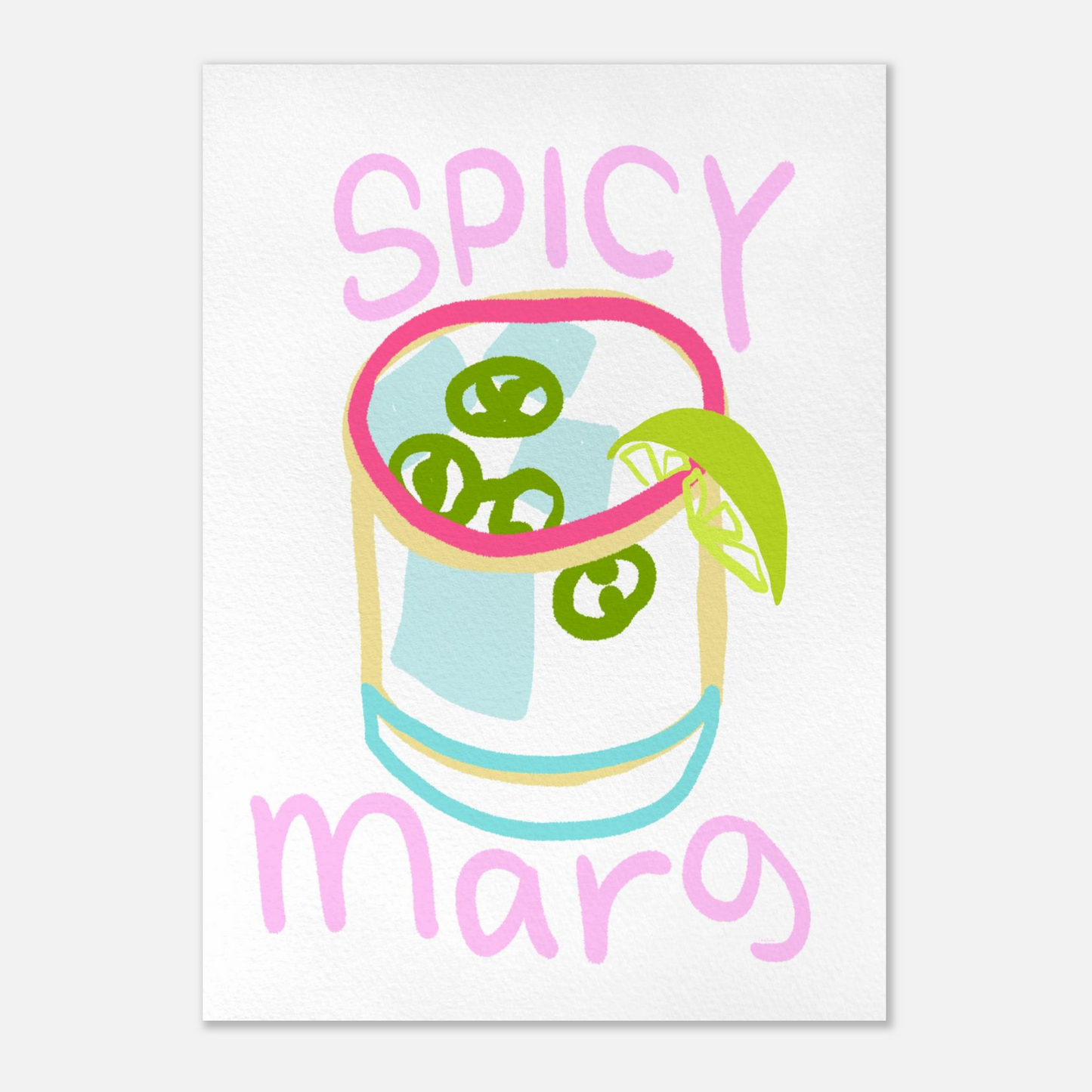 Handmålad spicy margarita poster i gouache med jalapenos och limeklyfta – färgglad kökskonst