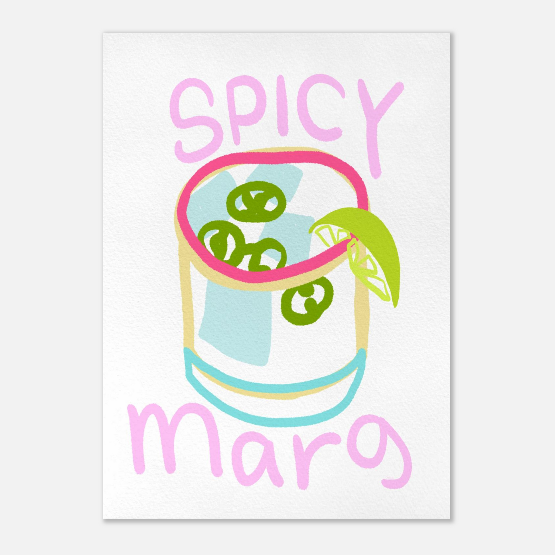 Handmålad spicy margarita poster i gouache med jalapenos och limeklyfta – färgglad kökskonst