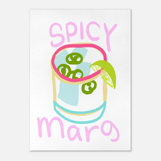 Handmålad spicy margarita poster i gouache med jalapenos och limeklyfta – färgglad kökskonst