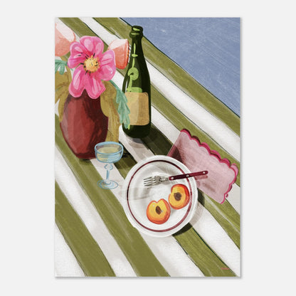 Tove Malm – Still life art print med motiv av vin, mat, persikor och en randig duk i skandinavisk stil.