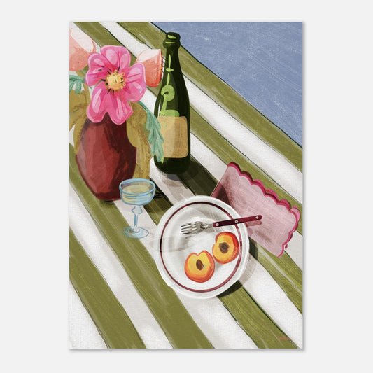 Tove Malm – Still life art print med motiv av vin, mat, persikor och en randig duk i skandinavisk stil.