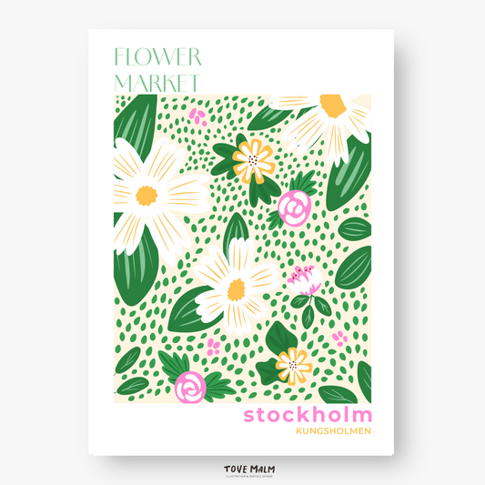 Poster med färgglada blommor i vitt, rosa och gult på en grön äng med prickar. Illustration av Tove Malm