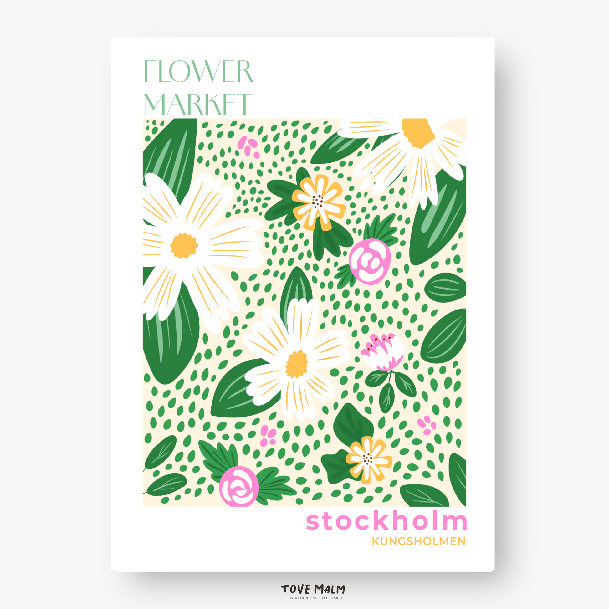 Poster med färgglada blommor i vitt, rosa och gult på en grön äng med prickar. Illustration av Tove Malm