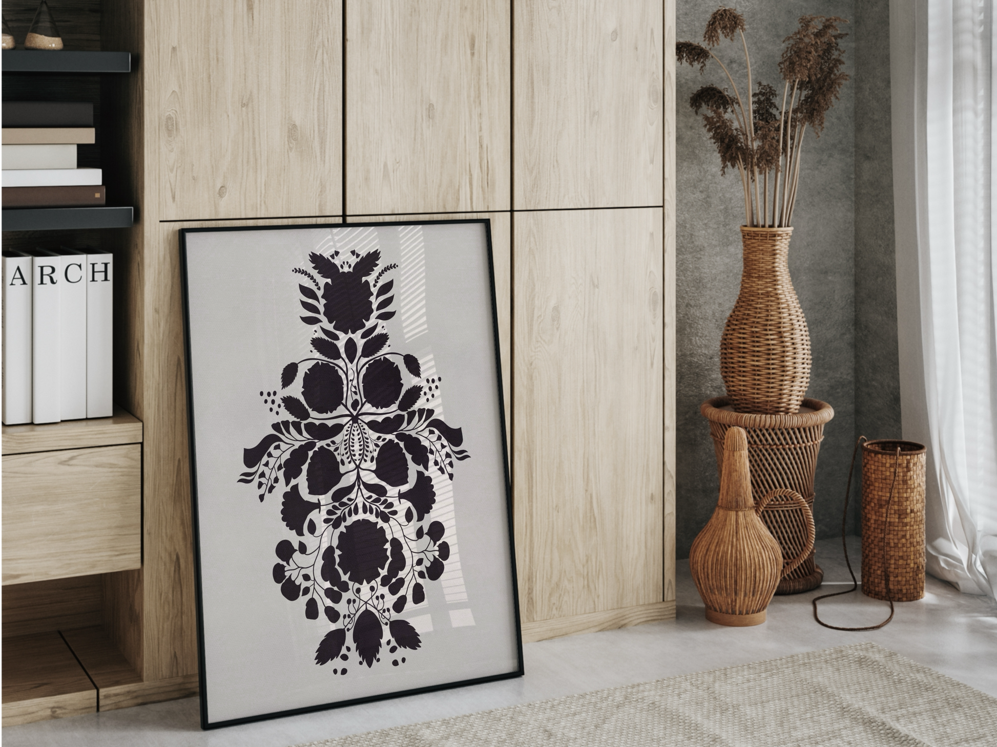 Skandinavisk design: En touch av skandinavisk design till ditt rum. Svarta blommor på beige bakgrund