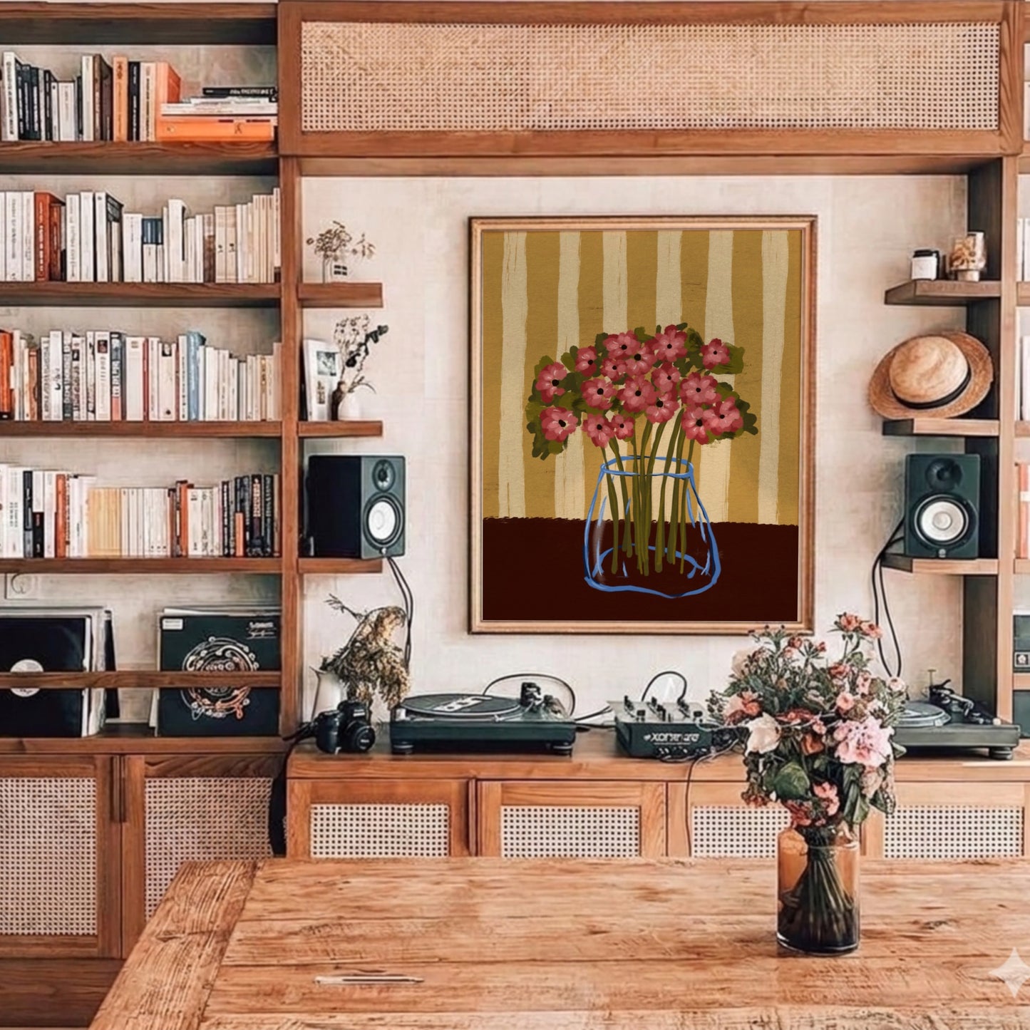 Stor tavelvägg ovanför en mediamöbel med skivspelare, Poppy Stripe poster som centralt blickfång i ett personligt hem.