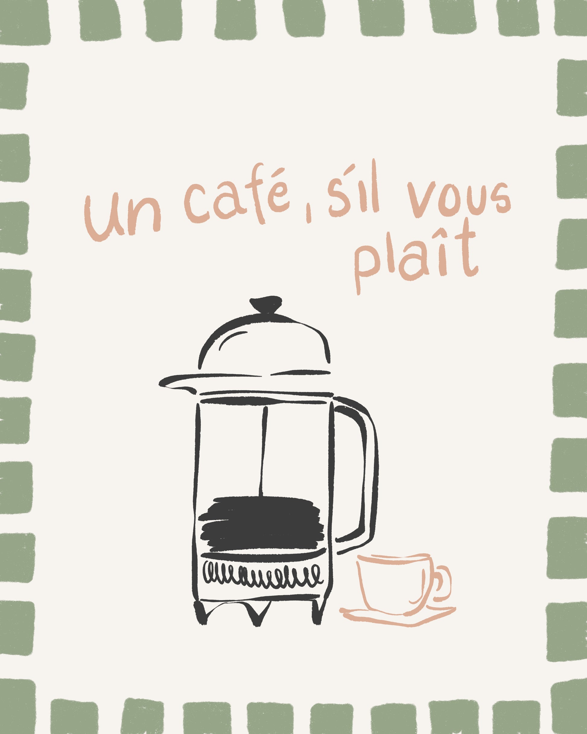 Handritad kaffeposter med fransk text och en grön retro-ram i Danish Pastel-stil. En trendig kökstavla som föreställer en mokabryggare och en kopp kaffe.