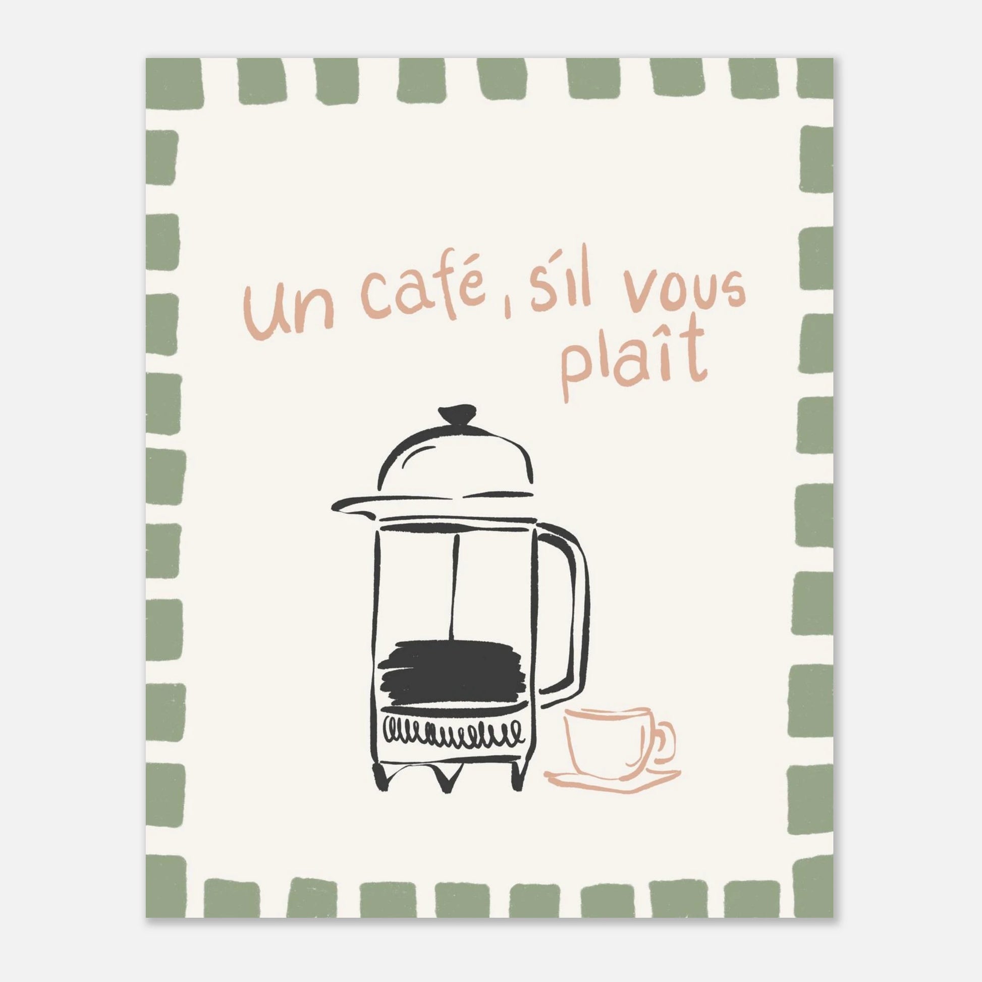 Handritad kaffeposter med fransk text och en grön retro-ram i Danish Pastel-stil. En trendig kökstavla som föreställer en mokabryggare och en kopp kaffe.