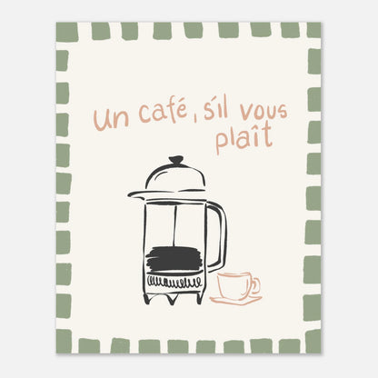 Handritad kaffeposter med fransk text och en grön retro-ram i Danish Pastel-stil. En trendig kökstavla som föreställer en mokabryggare och en kopp kaffe.