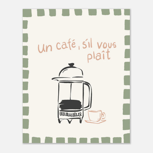 Handritad kaffeposter med fransk text och en grön retro-ram i Danish Pastel-stil. En trendig kökstavla som föreställer en mokabryggare och en kopp kaffe.