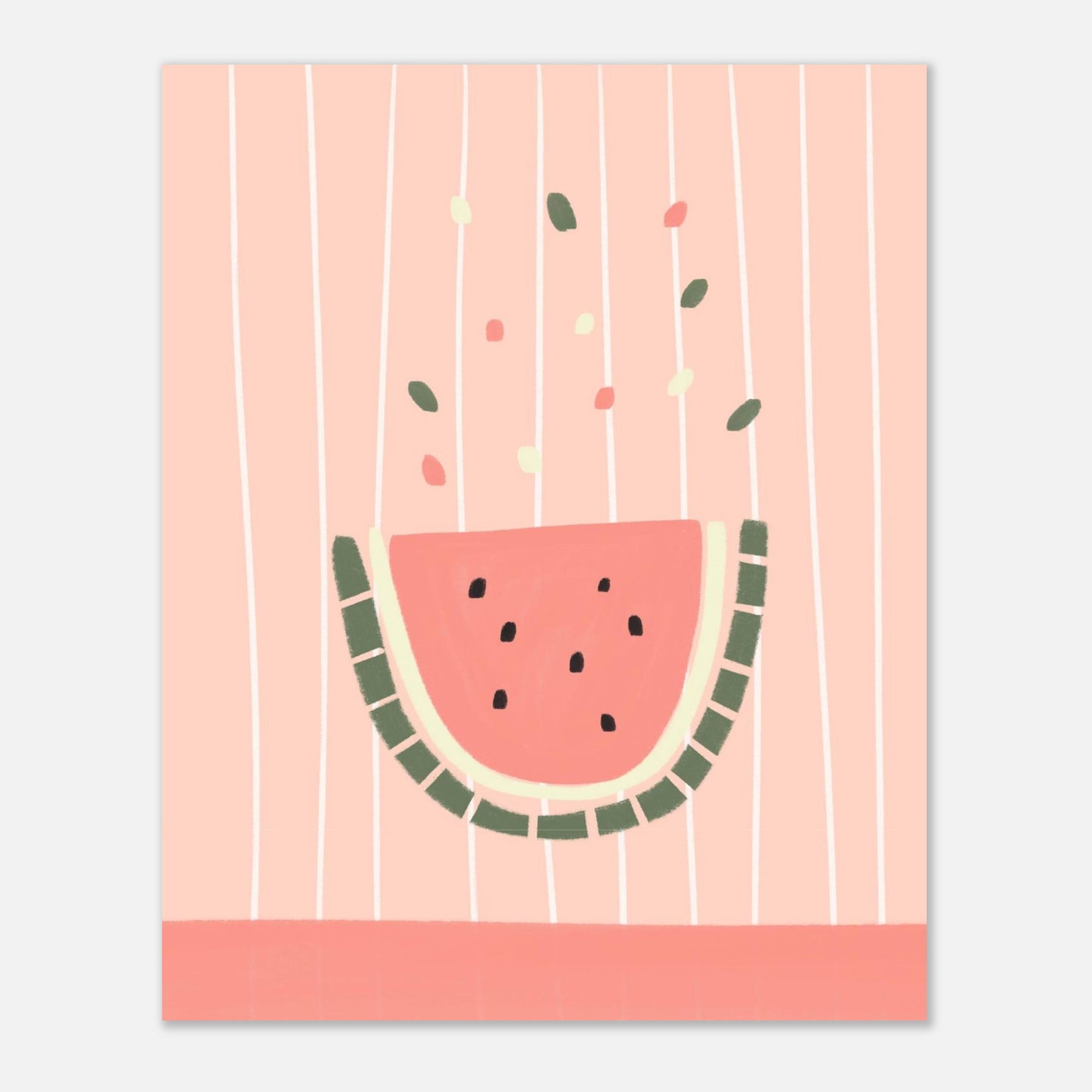 Illustration av vattenmelon i pastellrosa, närbild på randig botten