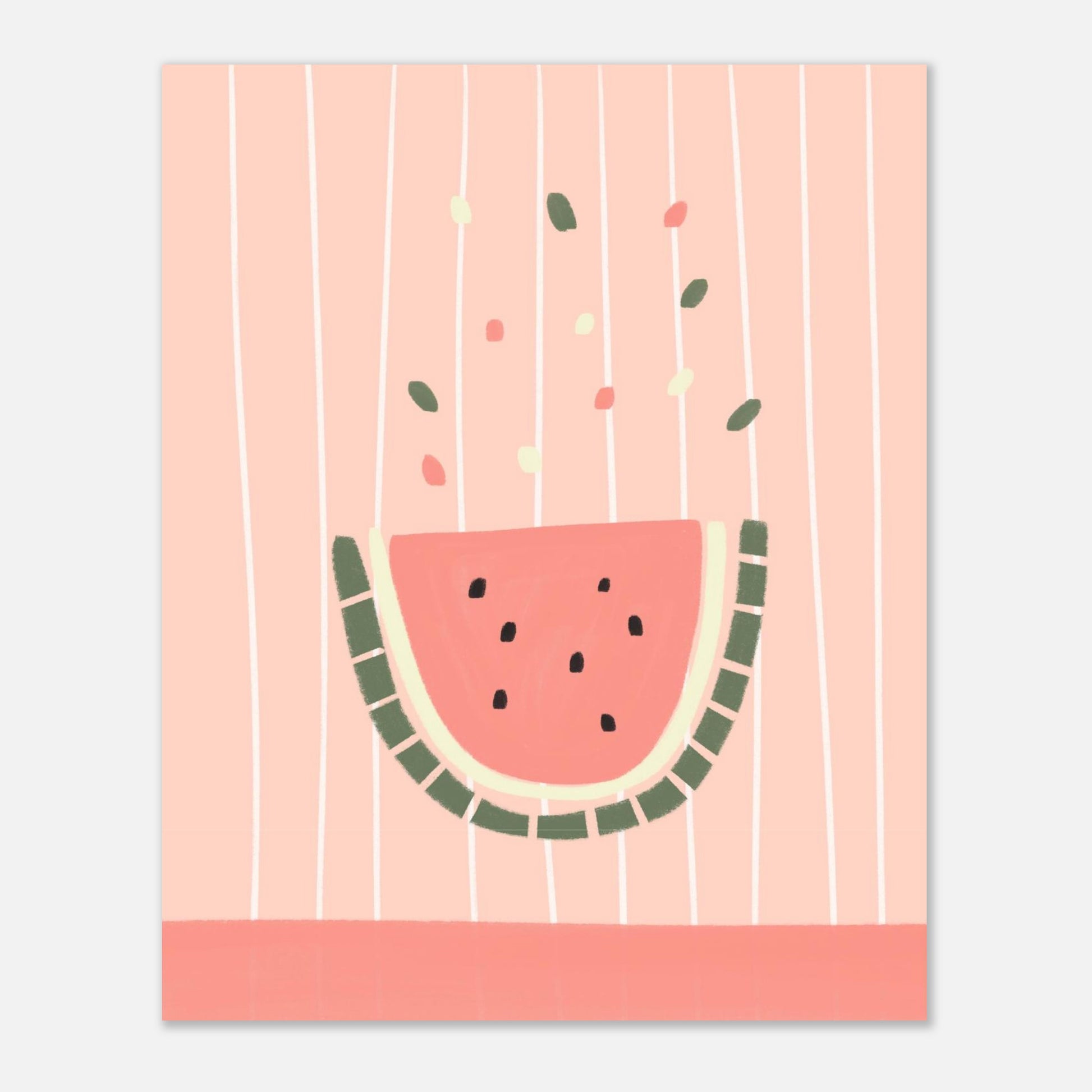 Illustration av vattenmelon i pastellrosa, närbild på randig botten