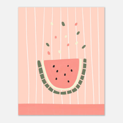 Illustration av vattenmelon i pastellrosa, närbild på randig botten