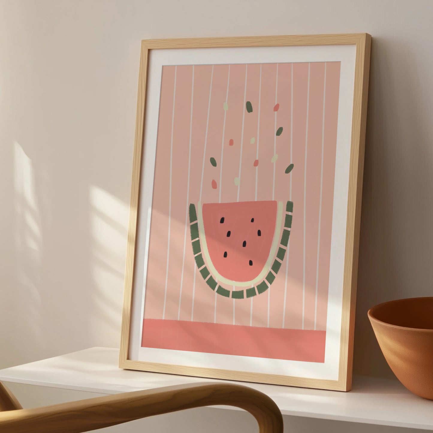 Vattenmelonposter på konsolbord med lampa och skål