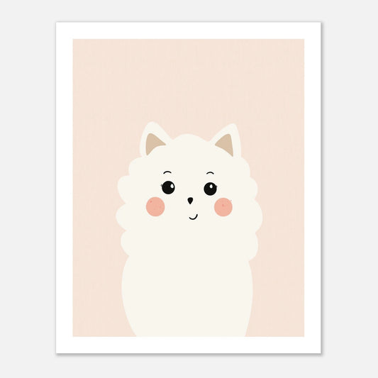 Handmålad poster av en vit fluffig hund med peachrosa ram, minimalistisk hundkonst.